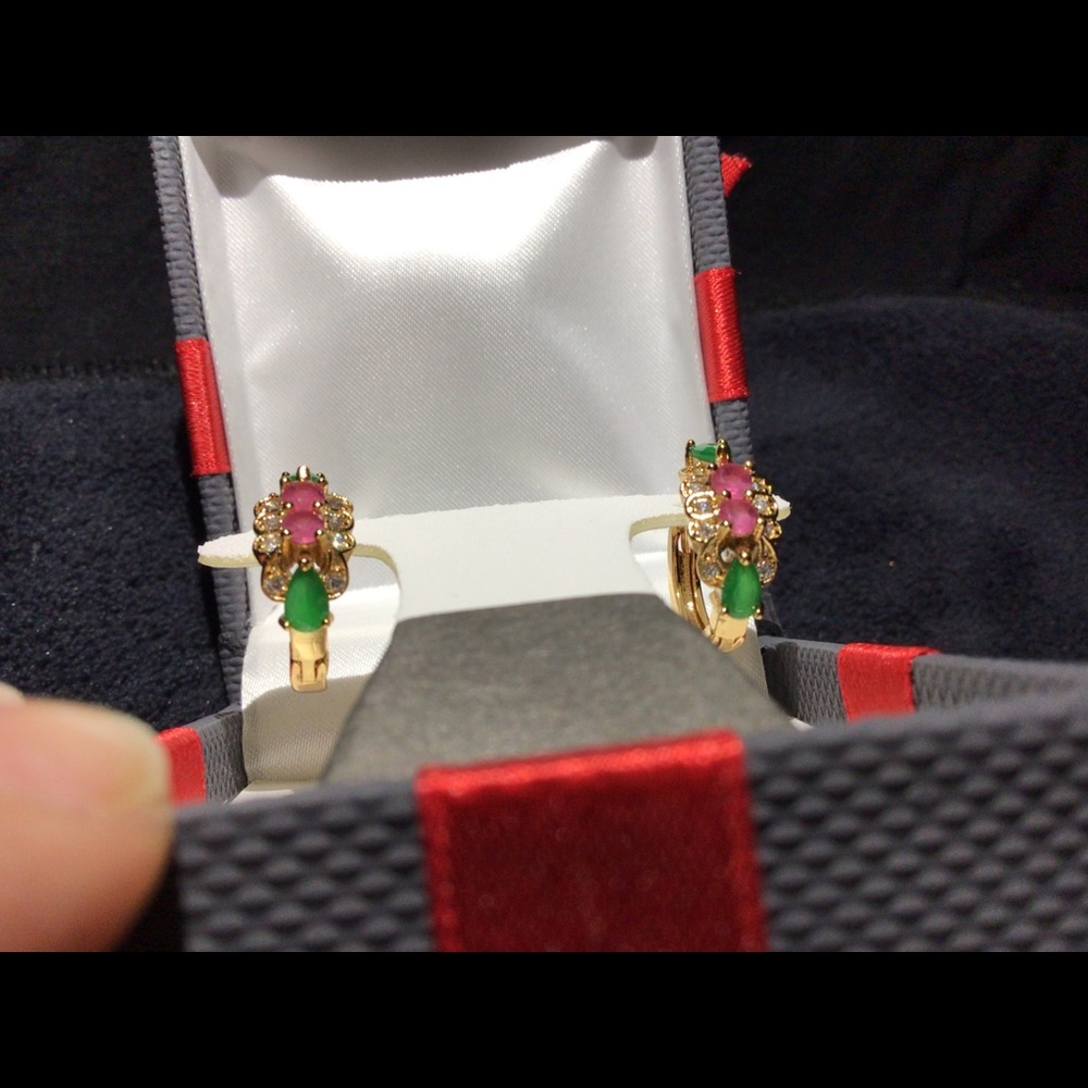 Gold over 925 silver small hoops rubies, emerald